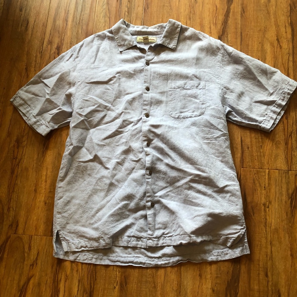 Tommy Bahama Men Lt Blue Linen Blend Floral Short Sleeve Button Up Shirt Medium.